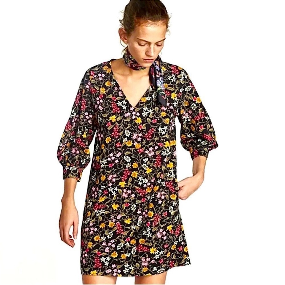 Zara Black Floral Mini Dress with Pink & Yellow Accents